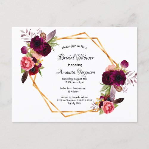 Bridal shower dusty rose white burgundy invitation postcard