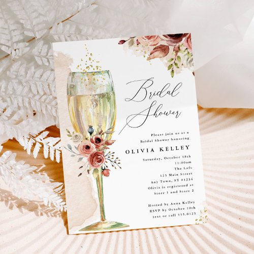 Bridal Shower Earthy Floral Champagne Glass Invitation