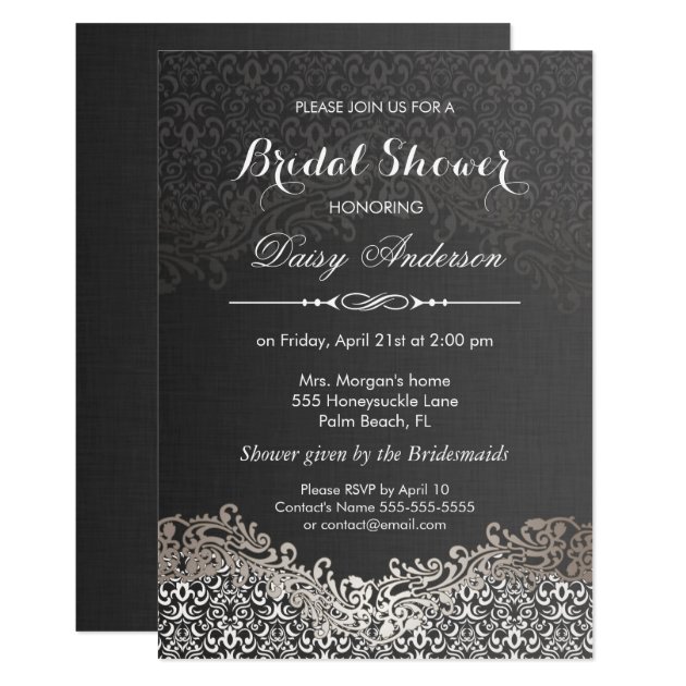 Bridal Shower - Elegant Black Silver Damask Invitation