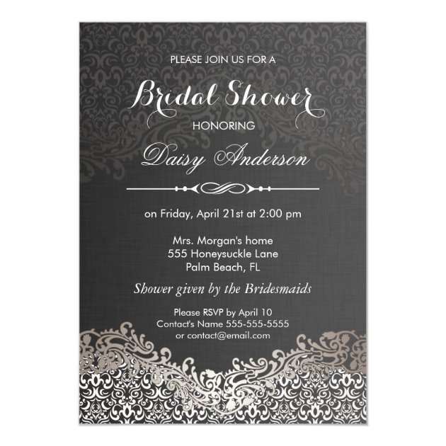 Bridal Shower - Elegant Black Silver Damask Invitation