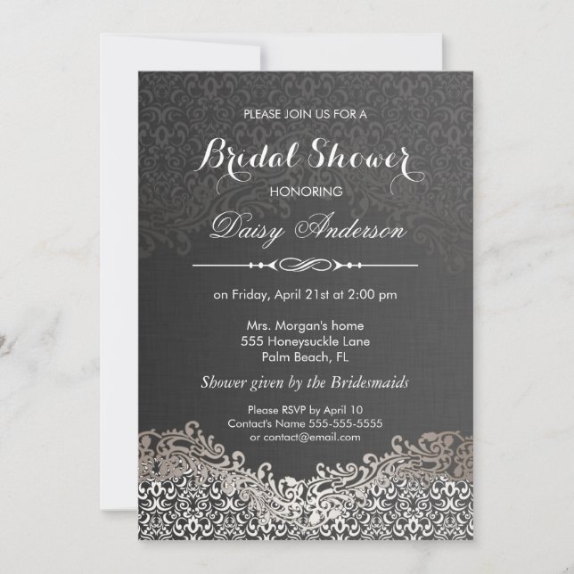 Bridal Shower - Elegant Black Silver Damask Invitation (Front)