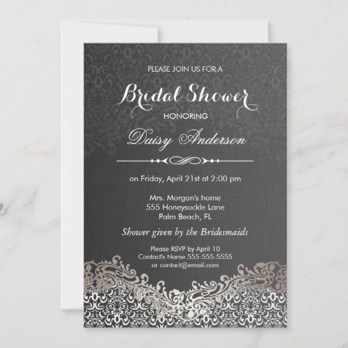 Bridal Shower - Elegant Black Silver Damask 5x7 Paper Invitation Card