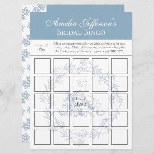 Bridal Shower _ Elegant Blue Bingo Game Card