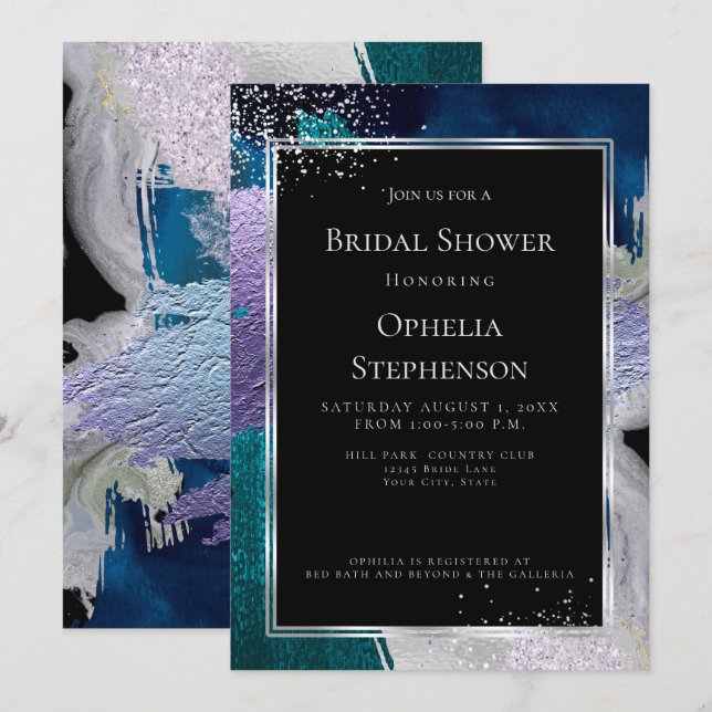 BRIDAL SHOWER | Elegant Bold Teal Lilac Abstract Invitation (Front/Back)