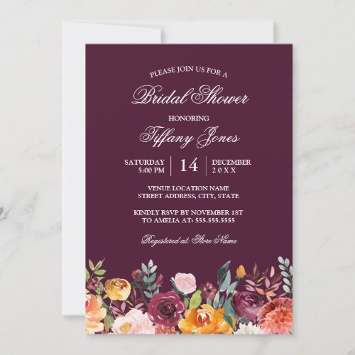 Bridal Shower Elegant Burgundy Floral Invitation