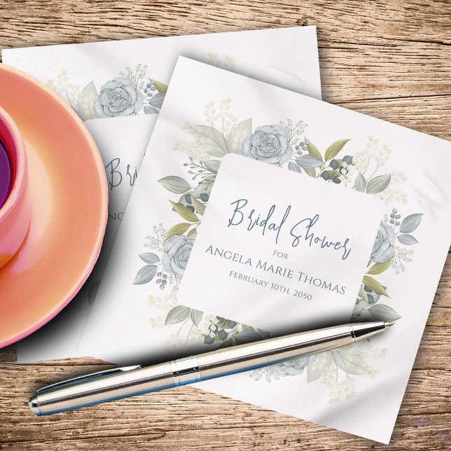 Bridal Shower Elegant Calligraphy Blue Floral Napkins (Blue floral Bridal Shower Napkins with stylish calligraphy script. )