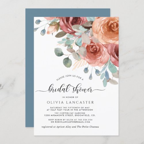 Bridal Shower Elegant Dusty Blue and Blush Floral Invitation