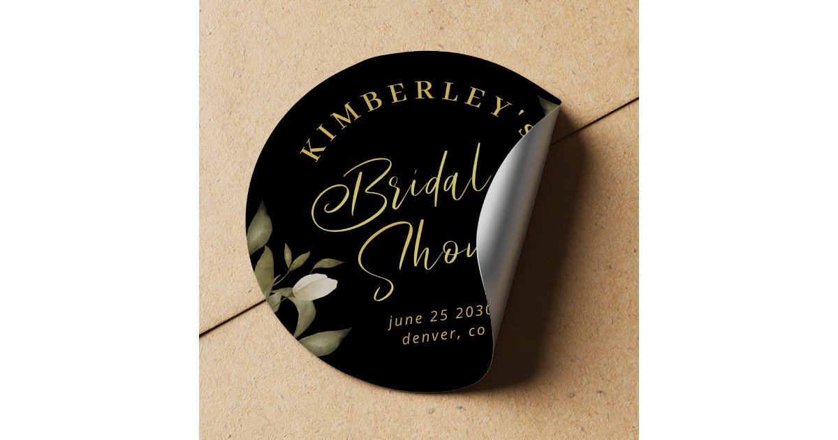 Bridal shower elegant gold black classic round sticker | Zazzle