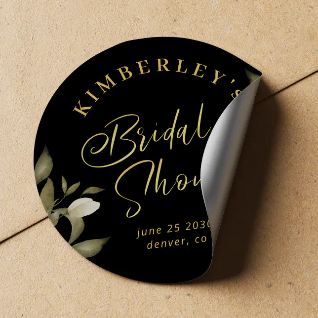 Bridal shower elegant gold black classic round sticker | Zazzle