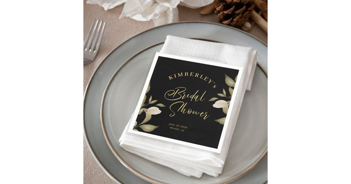 Bridal shower elegant gold black floral napkins | Zazzle