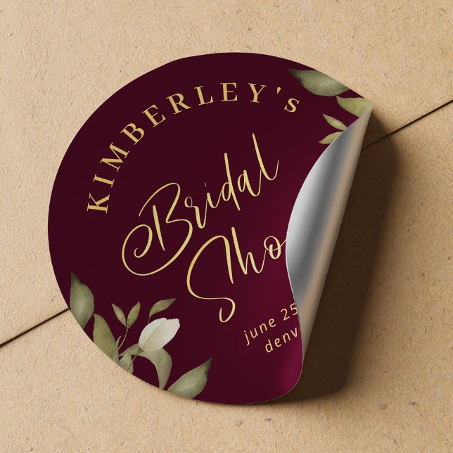 Bridal shower elegant gold burgundy classic round sticker (Creator Uploaded)