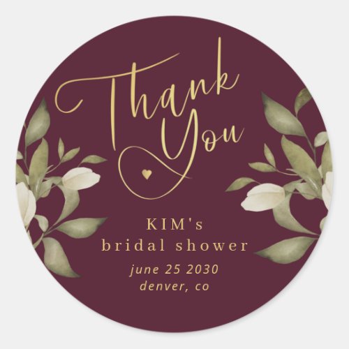 Bridal shower elegant gold burgundy thank you classic round sticker