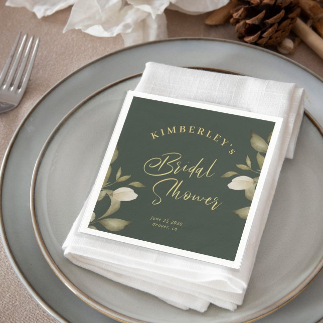 Bridal shower elegant gold dark green floral napkins (Creator Uploaded)
