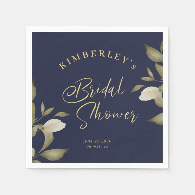 Bridal shower elegant gold dark navy floral napkins (Front)