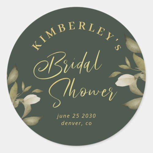 Bridal shower elegant gold emerald green classic round sticker
