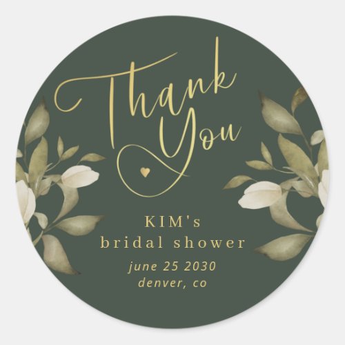Bridal shower elegant gold emerald green thank you classic round sticker