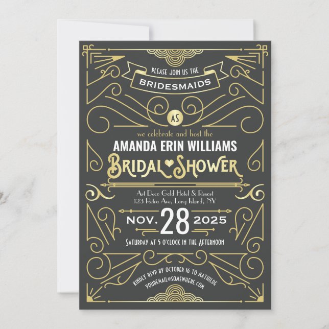 Bridal Shower Elegant Gold Gray Retro Art Deco Invitation (Front)