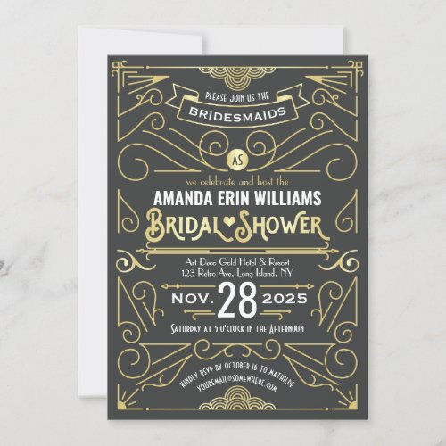 Bridal Shower Elegant Gold Gray Retro Art Deco Invitation
