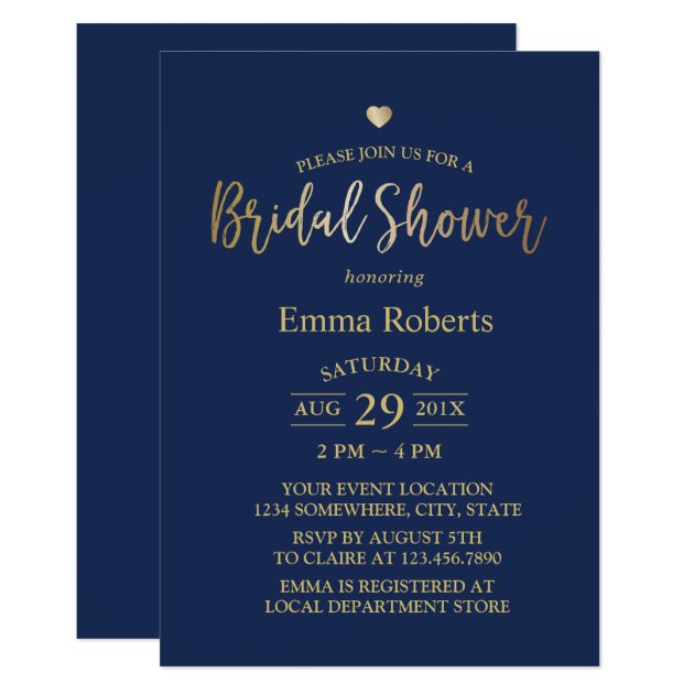 Bridal Shower Elegant Gold Heart Navy Blue Invitation