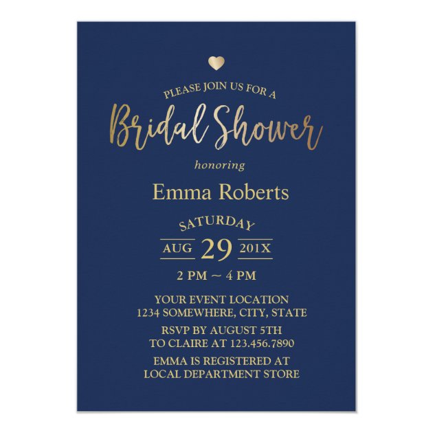 Bridal Shower Elegant Gold Heart Navy Blue Invitation