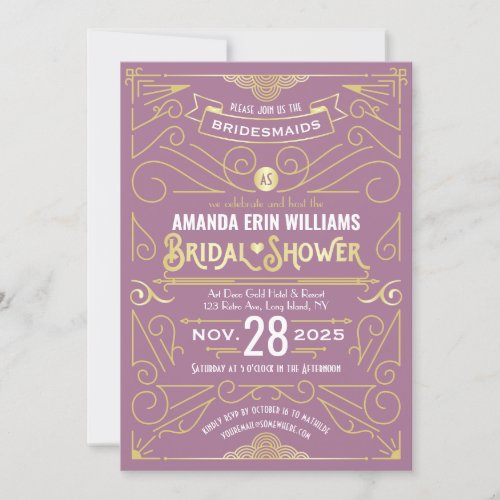 Bridal Shower Elegant Gold Lilac Retro Art Deco Invitation