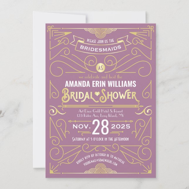 Bridal Shower Elegant Gold Lilac Retro Art Deco Invitation (Front)