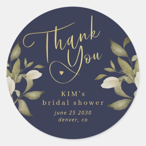 Bridal shower elegant gold navy thank you classic round sticker