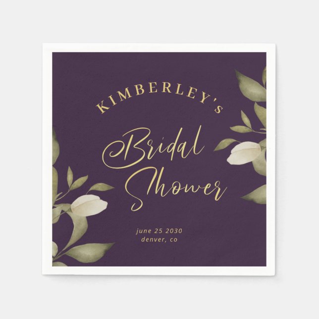Bridal shower elegant gold purple floral napkins (Front)