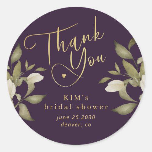 Bridal shower elegant gold purple thank you classic round sticker