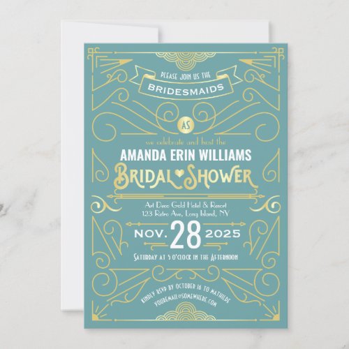 Bridal Shower Elegant Gold Turquoise Art Deco Invitation