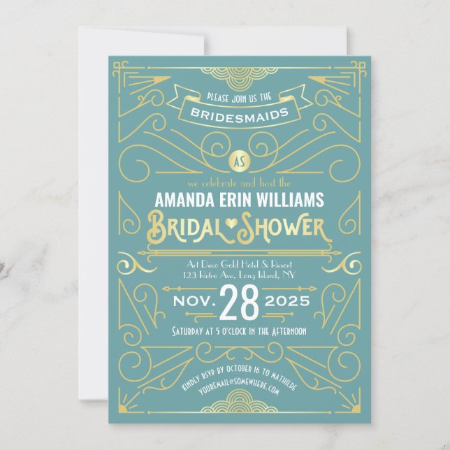 Bridal Shower Elegant Gold Turquoise Art Deco Invitation (Front)