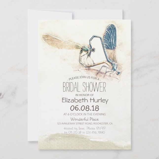 Bridal Shower Elegant Love Heart Dragonfly Mating Invitation (Front)