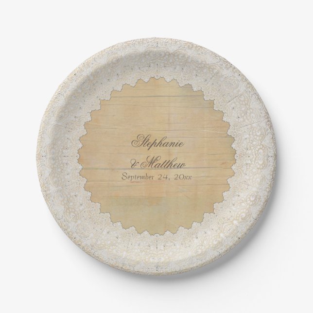 Bridal Shower Elegant Rustic Bohemian Lace n Wood Paper Plates (Front)