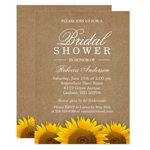 Bridal Shower Elegant Rustic Sunflower Linen Kraft Invitation