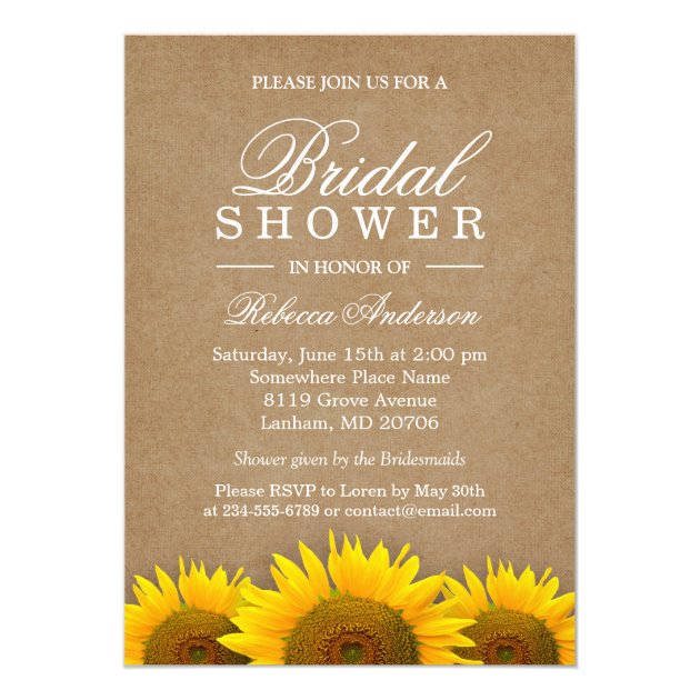 Bridal Shower Elegant Rustic Sunflower Linen Kraft Invitation