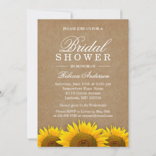 Bridal Shower Elegant Rustic Sunflower Linen Kraft Invitation