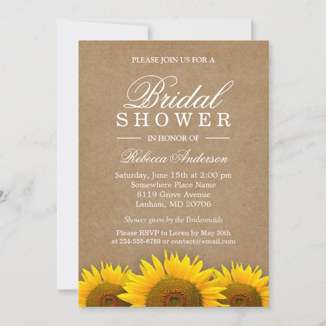 Bridal Shower Elegant Rustic Sunflower Linen Kraft Invitation (Front)
