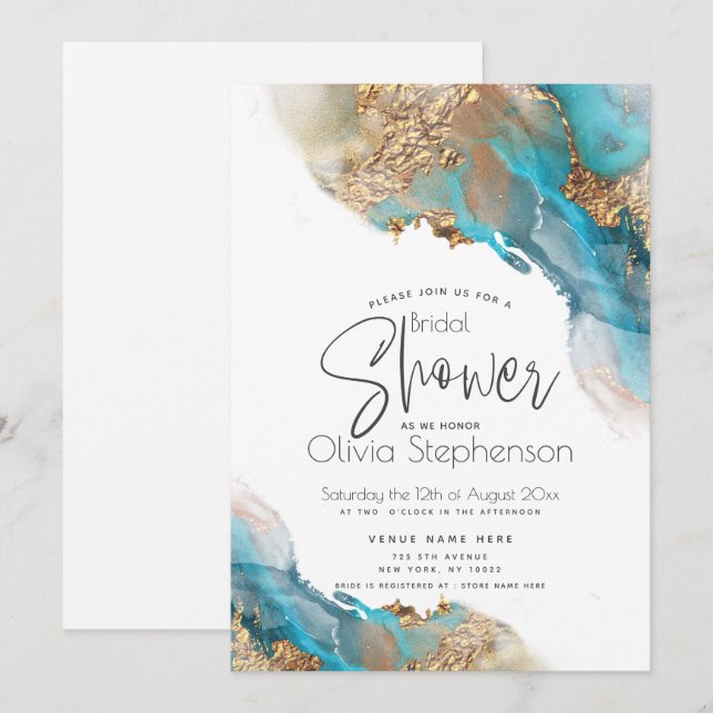 Bridal Shower | Elegant Teal Gold Alcohol Ink Invitation (Front/Back)