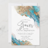 Bridal Shower | Elegant Teal Gold Alcohol Ink Invitation (Front)