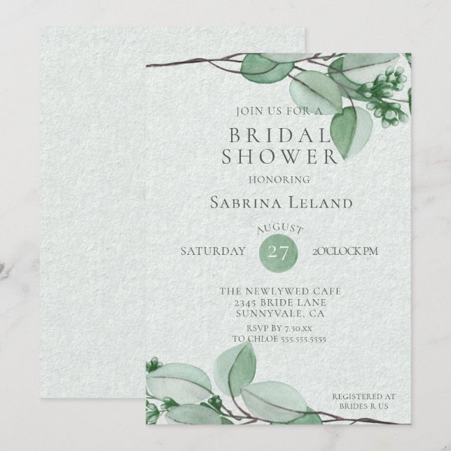 Bridal Shower | Elegant Watercolor Eucalyptus Invitation (Front/Back)