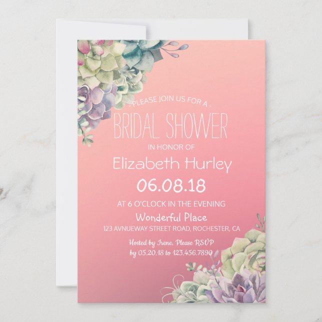 Bridal Shower Elegant Watercolor Succulent Plants Invitation (Front)