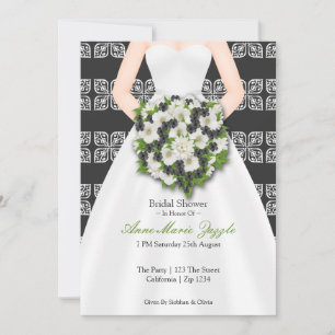 Bridal Shower Elegant Wedding Dress Black Flowers Invitation