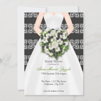 Bridal Shower Elegant Wedding Dress Black Flowers Invitation