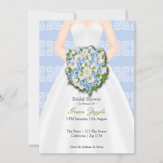 Bridal Shower Elegant Wedding Dress Blue Flowers Invitation
