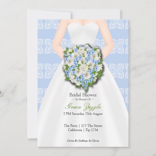Bridal Shower Elegant Wedding Dress Blue Flowers Invitations