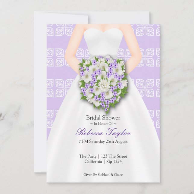 Bridal Shower Elegant Wedding Dress Lilac Flowers Invitation (Front)