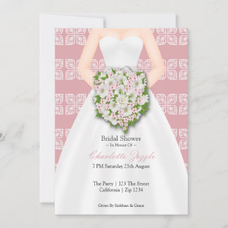 Bridal Shower Elegant Wedding Dress Pink Flowers Invitation