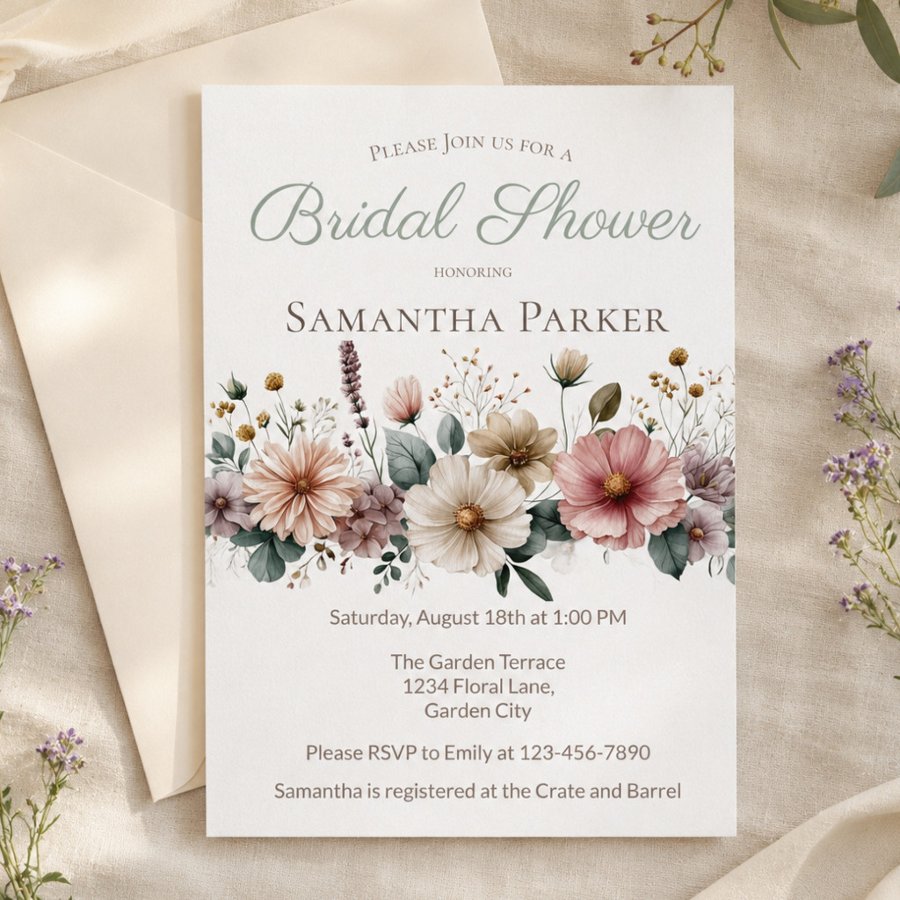 Bridal Shower Elegant Wildflower Blush Purple Invitation