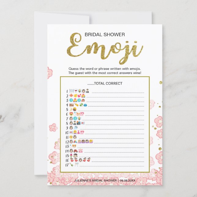 Bridal Shower Emoji Dictionary Game | Gold Pink (Front)