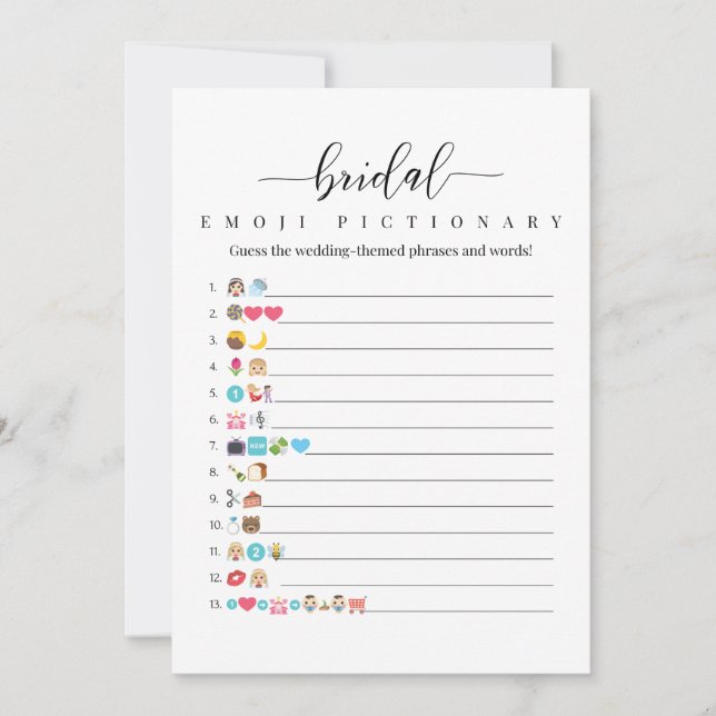 Bridal Shower Emoji Pictionary Game Card (Front)